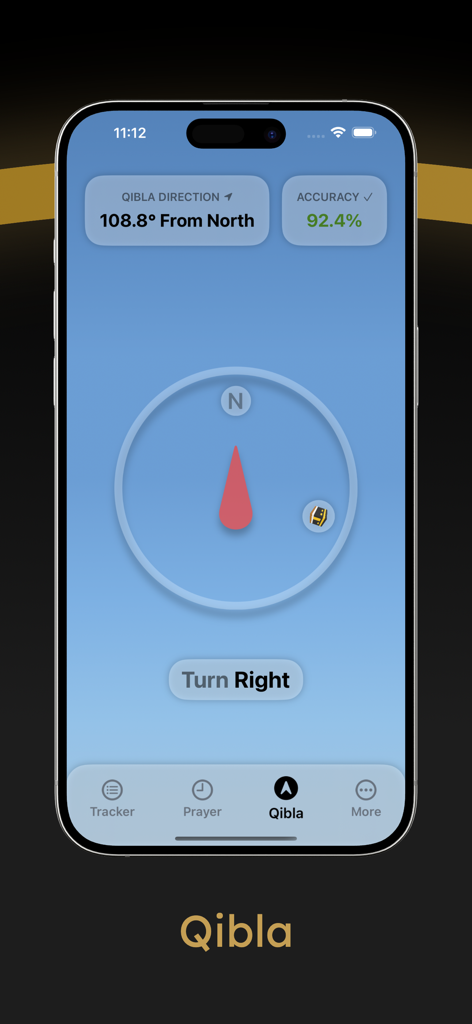 Bússola minimalista de Qibla no aplicativo Ihsan mostrando a direção e o grau precisos do Norte para a oração muçulmana