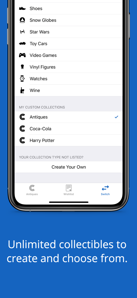 Interface of the iCollect Everything app showing a list of collectible categories and custom collection options.