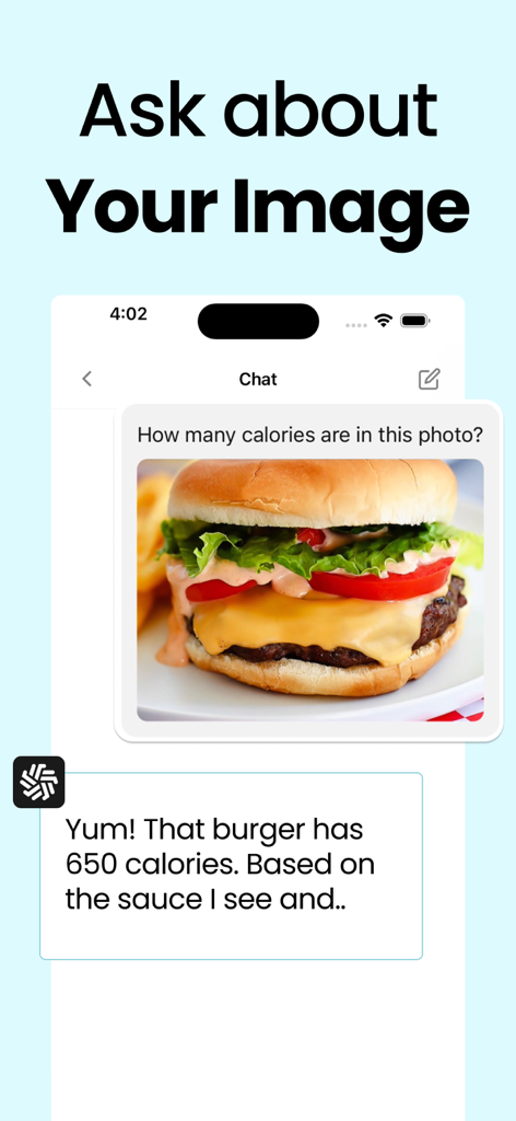 Chat Genius - AI Bot Assistant - Bot AI che analizza una foto di un cheeseburger per stimare il conteggio delle calorie in un'interfaccia di chat