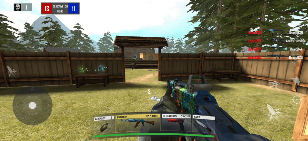 In-game screenshot of WarStrike FPS showing first person combat and weapon skins.