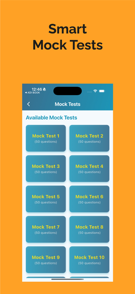 Driving Theory Test Kit UK - A mobile screen showing a selection of mock tests for the UK driving theory exam