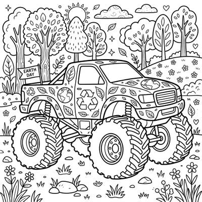 Dive into an exciting Earth Day adventure with this monster truck coloring page! It features a powerful truck decorated with symbols of sustainability, ready to inspire eco-conscious creativity.