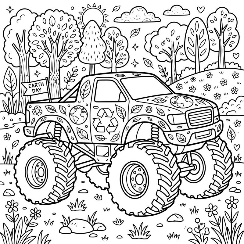 Dive into an exciting Earth Day adventure with this monster truck coloring page! It features a powerful truck decorated with symbols of sustainability, ready to inspire eco-conscious creativity.