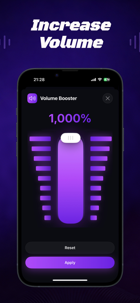Louder Volume Booster: Amplify - iPhone screen showing the Louder Volume Booster app interface with a purple slider set to 1000 percent
