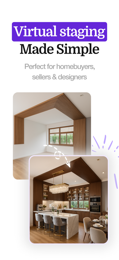 Home Design AI - Remodel Room - Comparación de antes y después de una puesta en escena virtual de cocina con una aplicación de diseño de interiores con IA.