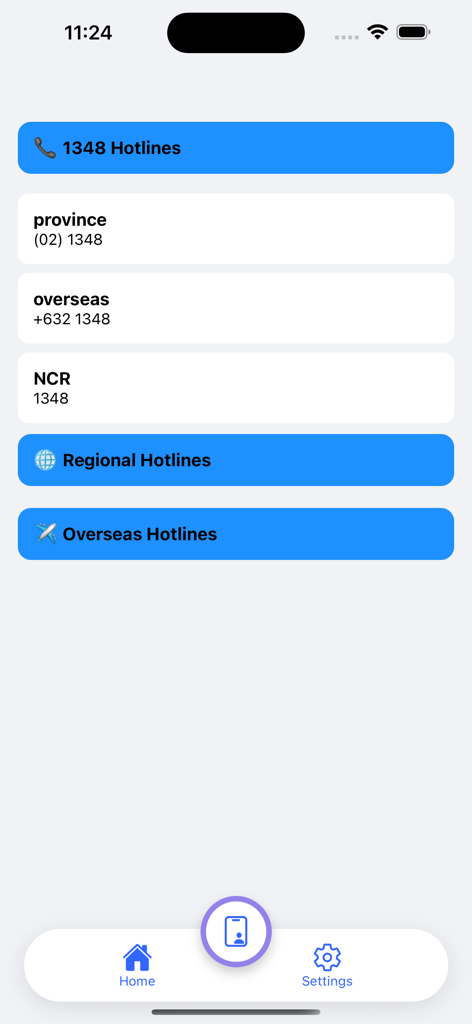 OWWA Mobile App - List of emergency and regional hotline numbers for provincial and overseas users in the OWWA Mobile App.