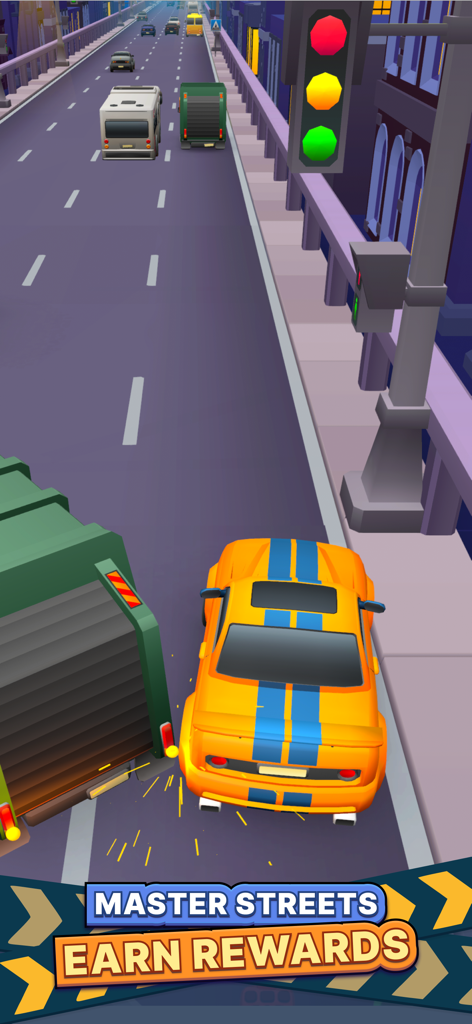 Une voiture de sport jaune avec des bandes de course bleues traversant le trafic nocturne sur un pont de ville.