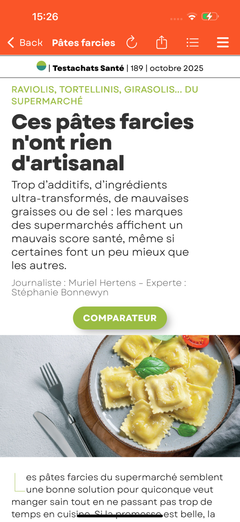 Testachats Digital - スーパーマーケットの詰め物パスタブランドを比較するTestachats Digitalアプリの健康記事。