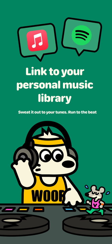 Rumbo Fitness - Rumbo the dog dressed as a DJ illustrating the option to link Apple Music and Spotify libraries