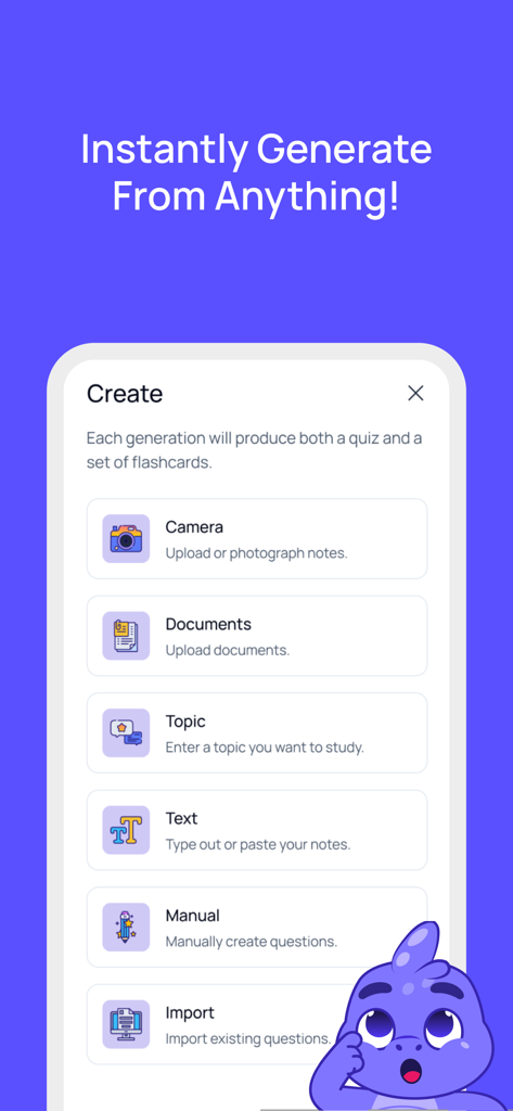 Quizgecko: AI Flashcards - Interface showing options to generate AI flashcards and quizzes from camera photos, documents, topics, or text notes.