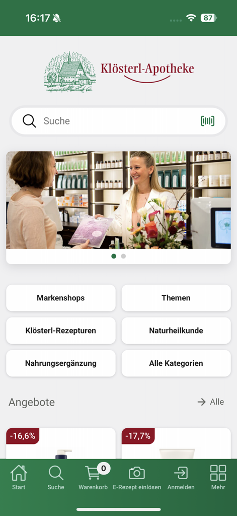 Klösterl-Apotheke - Home screen of the Klösterl-Apotheke mobile app featuring natural medicine categories and search functionality