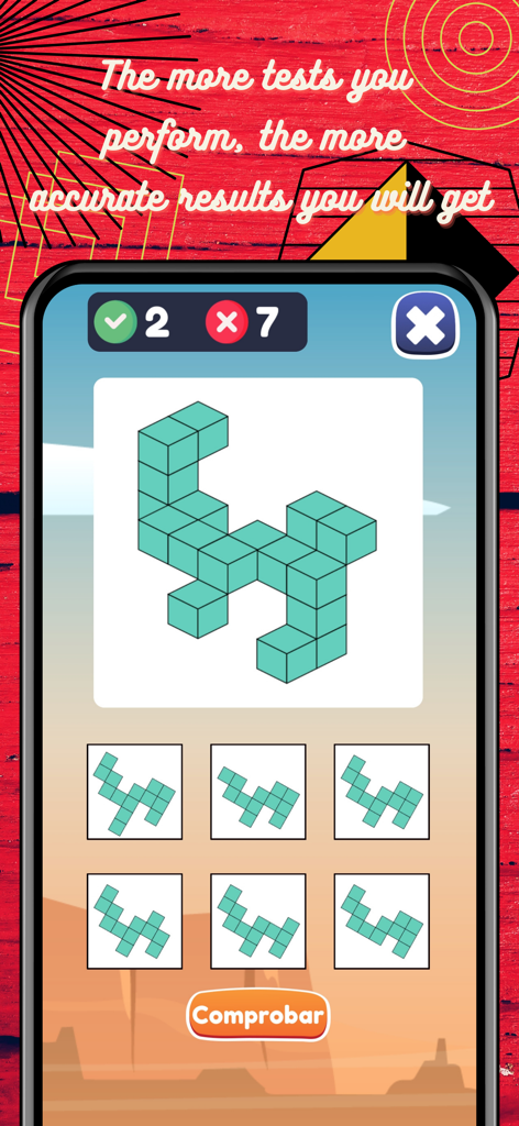 IQテストインテリジェンス試験アプリの3Dブロックパズルと複数の選択肢が表示された空間認識テスト画面。