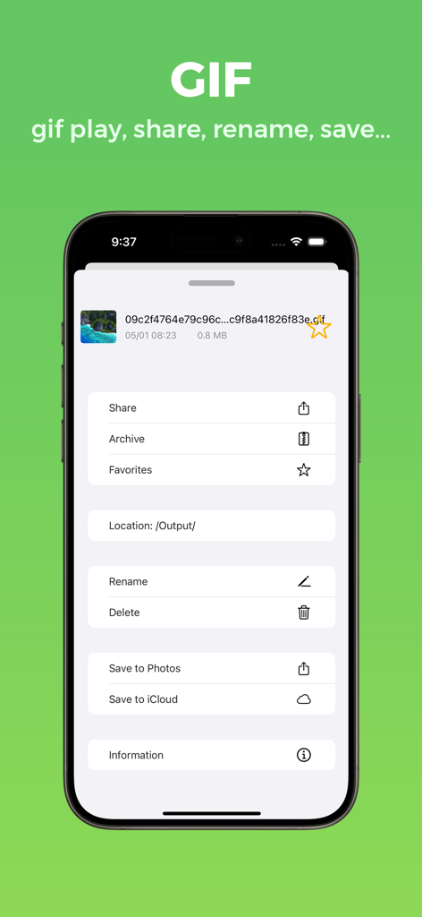 Interfaz de la aplicación Any GIF Maker para compartir y gestionar archivos GIF