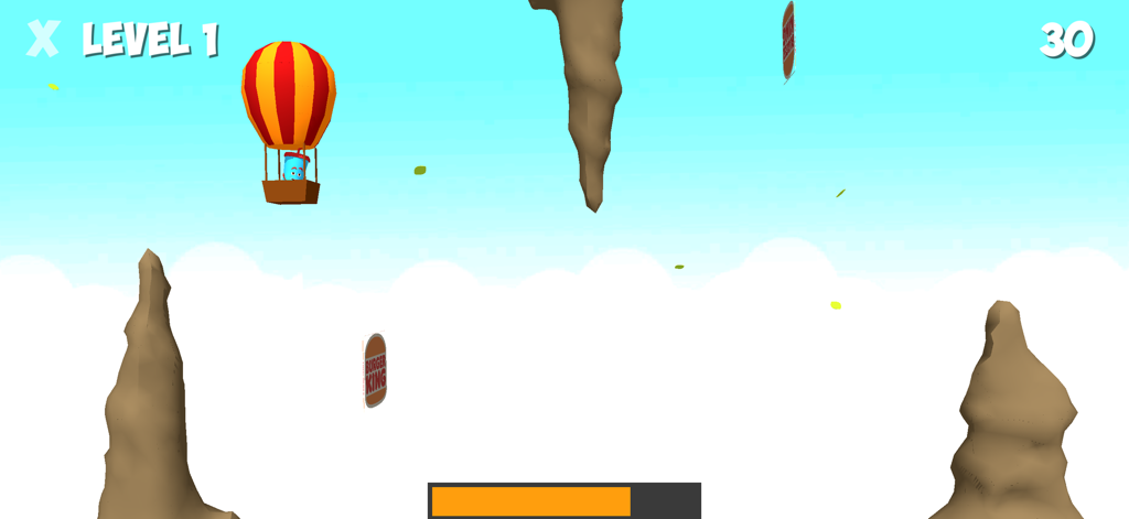 Una pantalla de minijuego de nivel 1 de la aplicación Burger King Jr Club con un personaje en un globo aerostático volando por el cielo con obstáculos rocosos y logotipos flotantes de Burger King.
