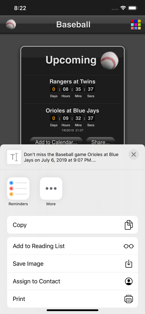 Baseball Games app showing upcoming MLB game countdowns and iOS share options