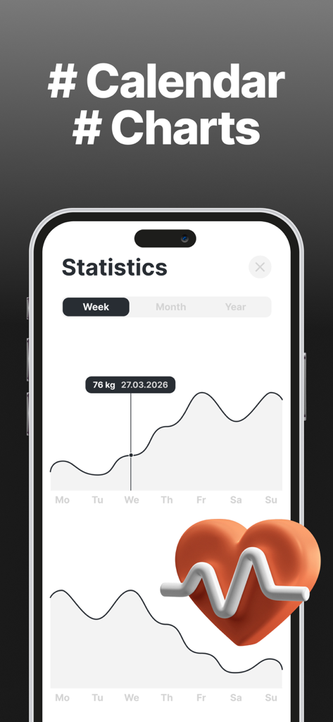 Gym Tracker simple workout log - Interfaz minimalista de estadísticas de entrenamiento con gráficos de progreso de peso y vista de calendario.