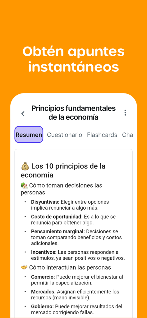 Anotamelo - Apuntes con IA - Interfaz de la aplicacion Anotamelo mostrando un resumen automatico de una clase de economia con inteligencia artificial