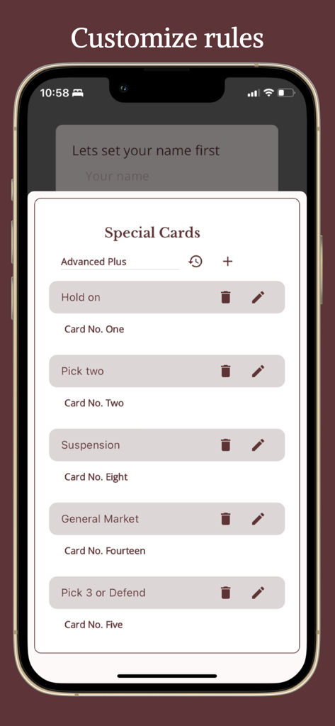 Mobile app interface for customizing special card rules in Play Whot