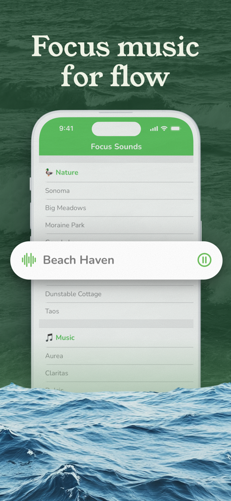 Freedom: Screen Time Control - Freedom app screen displaying a list of focus sounds like Sonoma and Beach Haven with an ocean wave background
