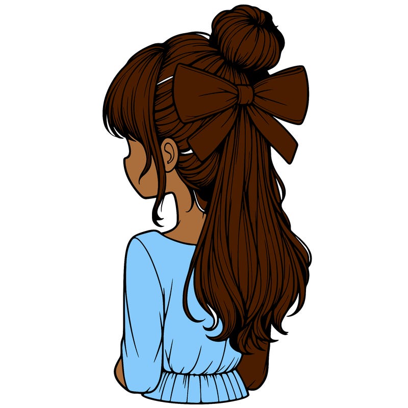 realistic girl  with hip length hair a bun and a big bow on the back of head