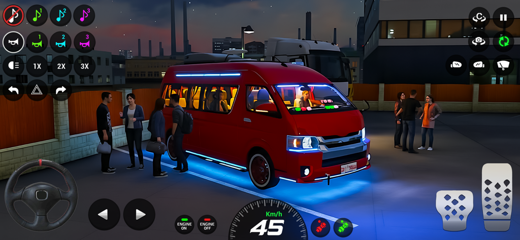 Dubai Van Simulator Game 3D - A red van with blue underglow lights parked in a city at night with passengers nearby in Dubai Van Simulator Game 3D