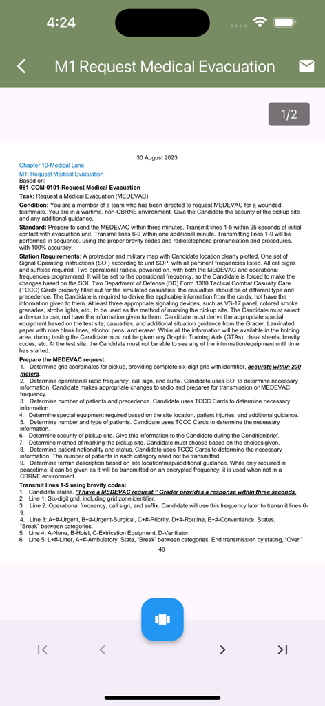 Screenshot of the Expert Infantry Badge app displaying the standards and steps for the M1 Request Medical Evacuation task.