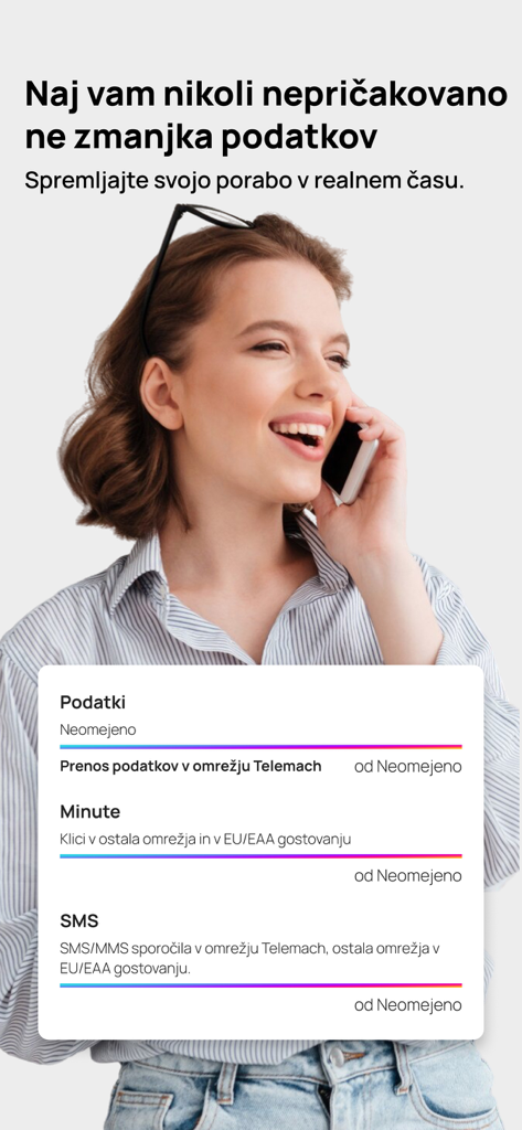 Telemach Slovenija - Telemach Slovenija app dashboard displaying real-time data, minutes, and SMS consumption for a mobile plan.