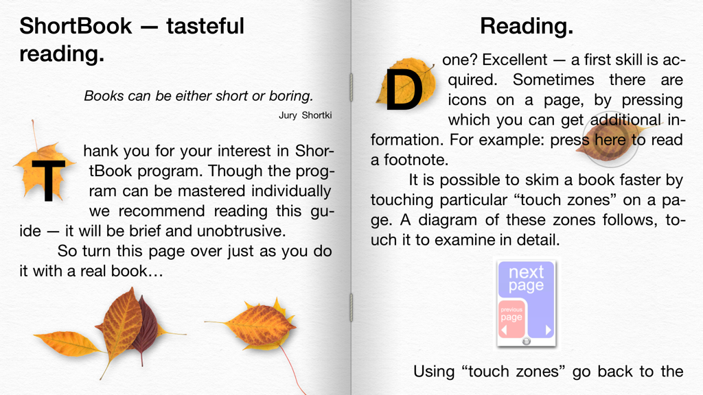 ShortBook - A screenshot of the ShortBook app user guide displaying text formatting and a diagram for touch zone navigation.