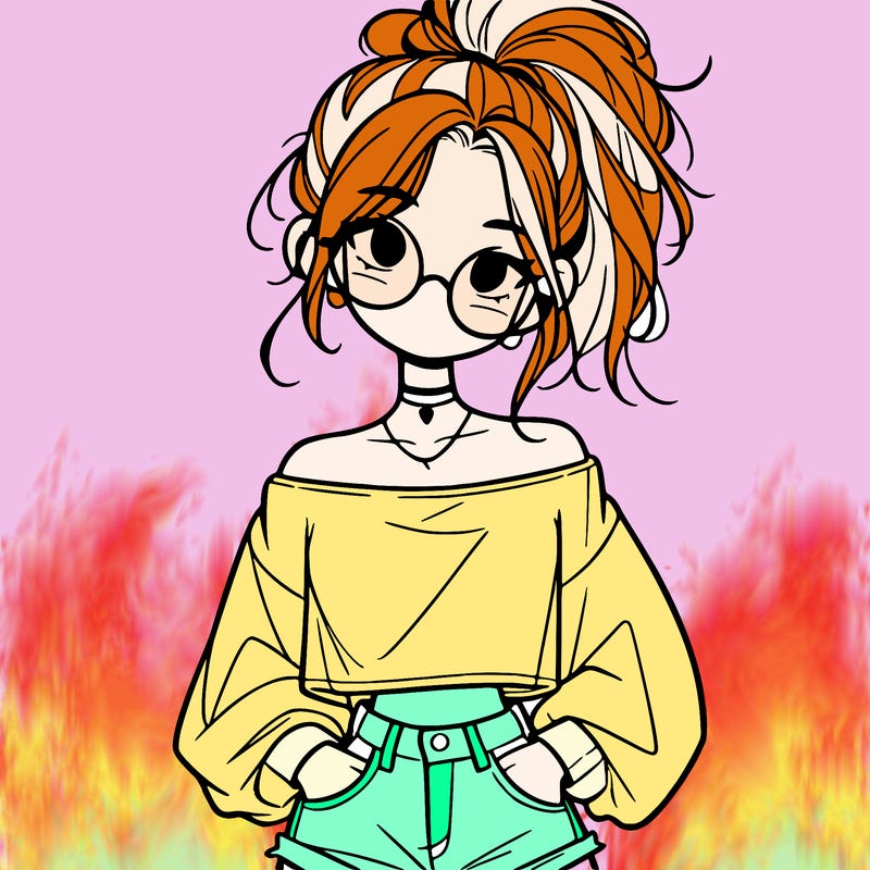 girl with a messy ponytail glasses a baggy crop top and jean shorts