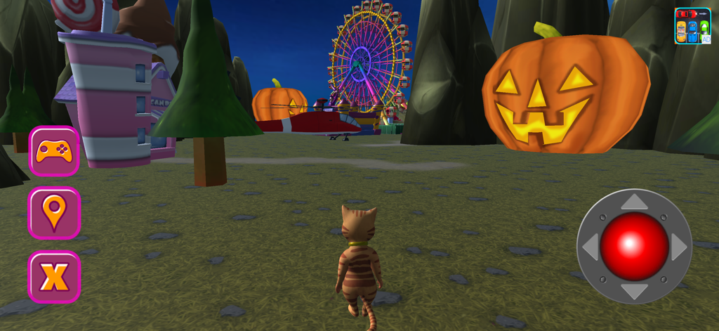 Halloween Cat Theme Park 3D - Leo Catomy el gato caminando por un parque temático de Halloween en 3D con calabazas gigantes y una noria.