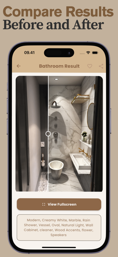 A mobile app screenshot showing a before and after comparison slider of a modern marble bathroom redesign using AI.