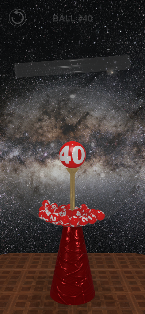 Lottery Wizard 3D - Una máquina de lotería en 3D sacando una bola roja con el número cuarenta contra un fondo estrellado.