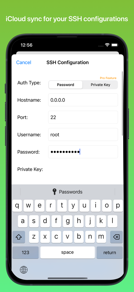 LogShow app SSH configuration screen with iCloud sync for server logs
