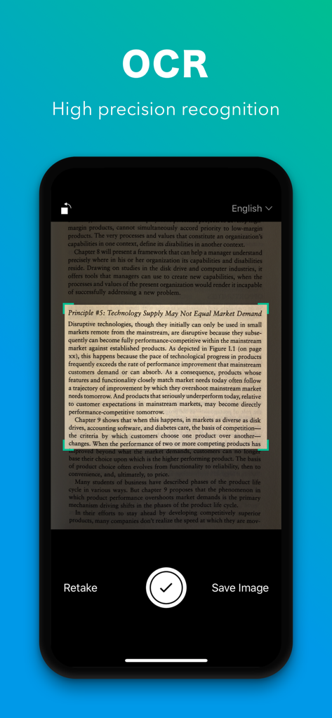 A screenshot of the Shelfie app showing its high-precision OCR feature scanning a paragraph of text from a physical book.