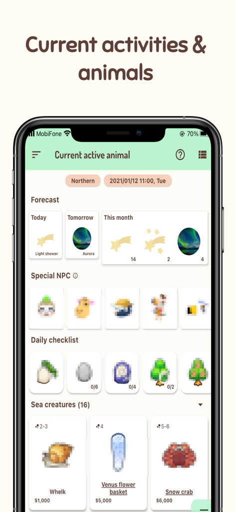 Ani Guide for Animal Crossing - Ani Guide app interface showing daily activities and active sea creatures for Animal Crossing