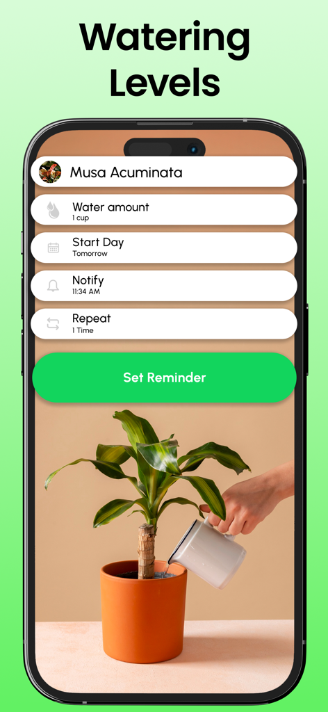 Plant Identifier + Plant Care - Configuración de recordatorio de riego para una planta Musa Acuminata en la aplicación Identificador de Plantas.
