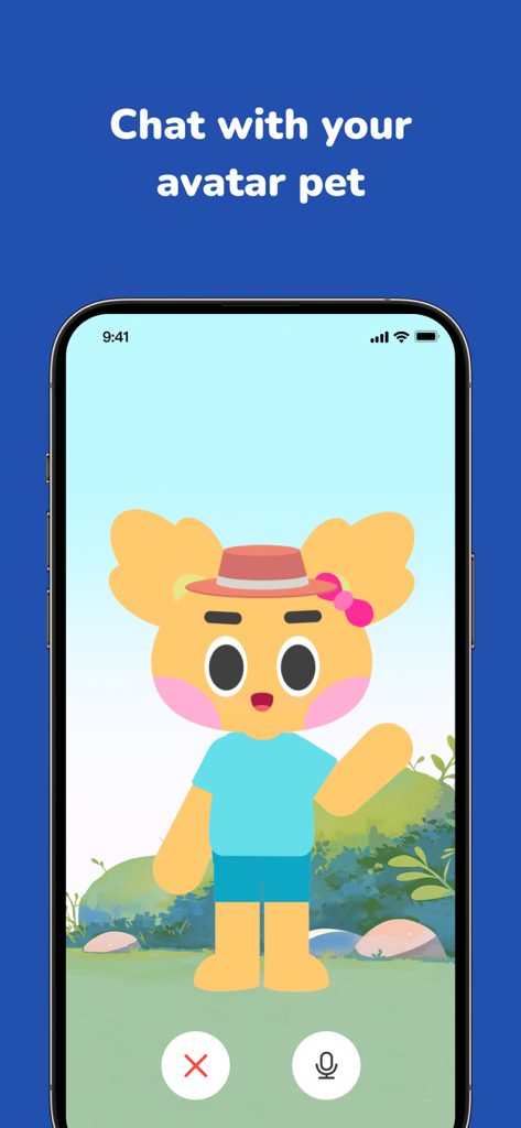 Voca AI app interface featuring a conversation with an animated avatar pet for language practice