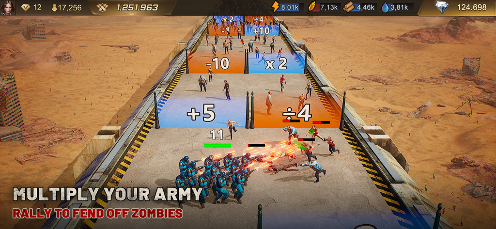 Soldiers shooting zombies on a desert path with multiplier gates to increase army size