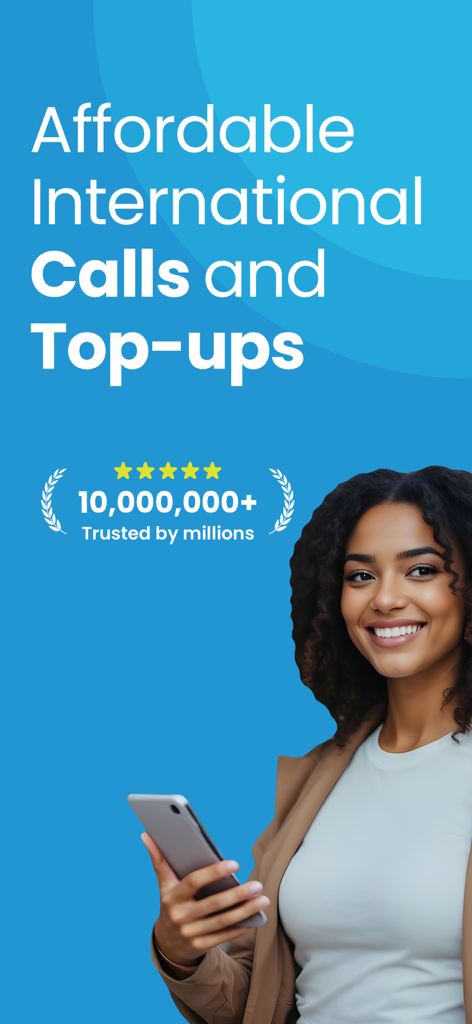 Talk Home: Cheap Calls - Una mujer sonriente sosteniendo un smartphone con texto promocionando llamadas internacionales asequibles y recargas móviles