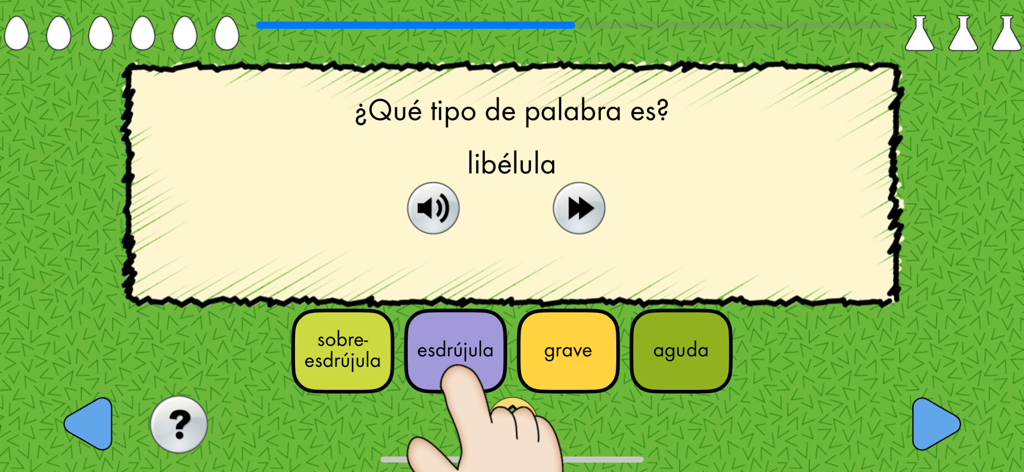 'libélula' という単語でスペイン語のアクセント規則を練習するための教育ゲーム画面。