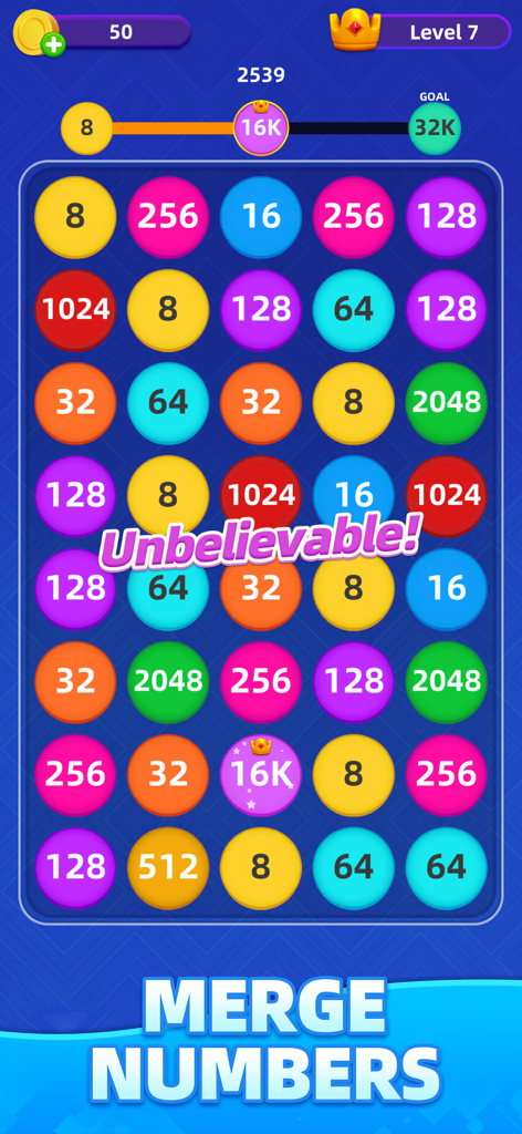 2248 Blast - Number Merge Game - Una griglia colorata di bolle numerate nel gioco di puzzle mobile 2248 Blast che mostra un risultato di unione