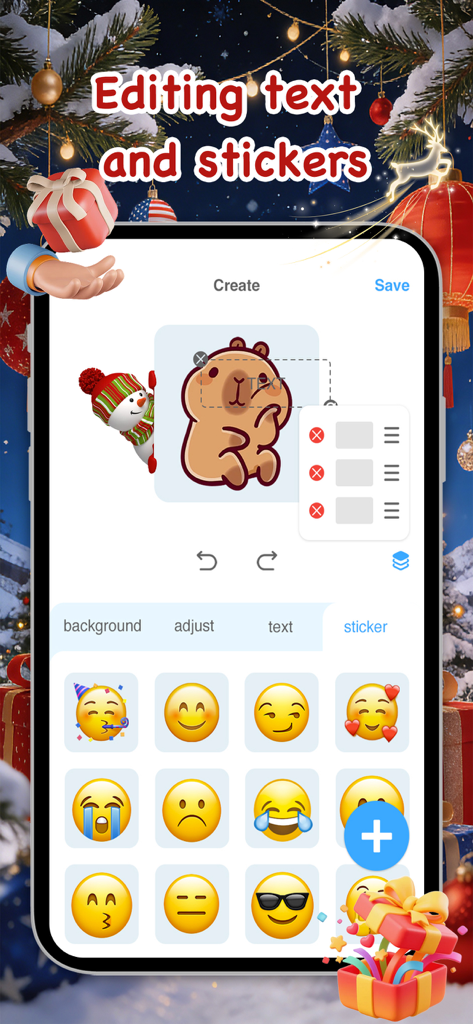 Meme Maker Pro-Stickers&Emoji - Mobile app interface of MojiLab showing a capybara sticker being edited with text and a collection of emoji stickers available for selection.