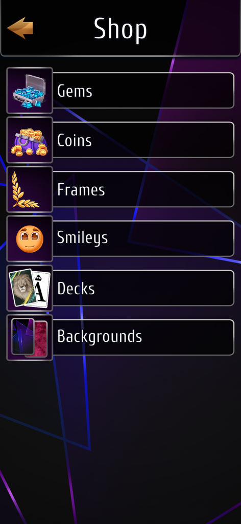 Menu da loja do jogo para o jogo de cartas Bluff Online mostrando opções de personalização como gemas, moedas, molduras, emoticons e baralhos de cartas