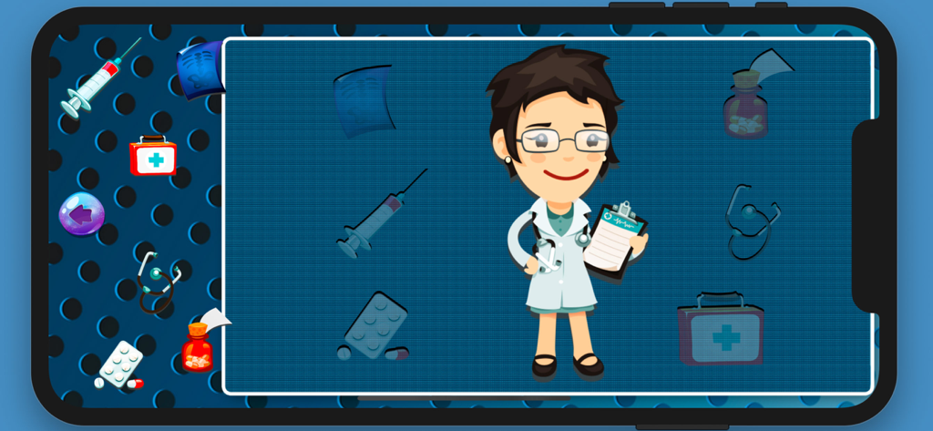 Educational matching game for kids featuring a female doctor and medical tools