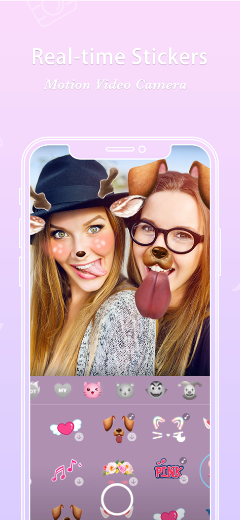 Due donne che usano adesivi e filtri animali in tempo reale nell'app FotoRus