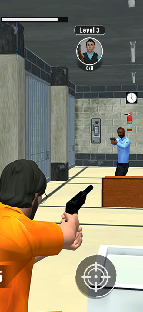 Jailbreak Fury - A prisoner in an orange jumpsuit aims a suppressed pistol at a guard in a prison hallway during level 3 of Jailbreak Fury.