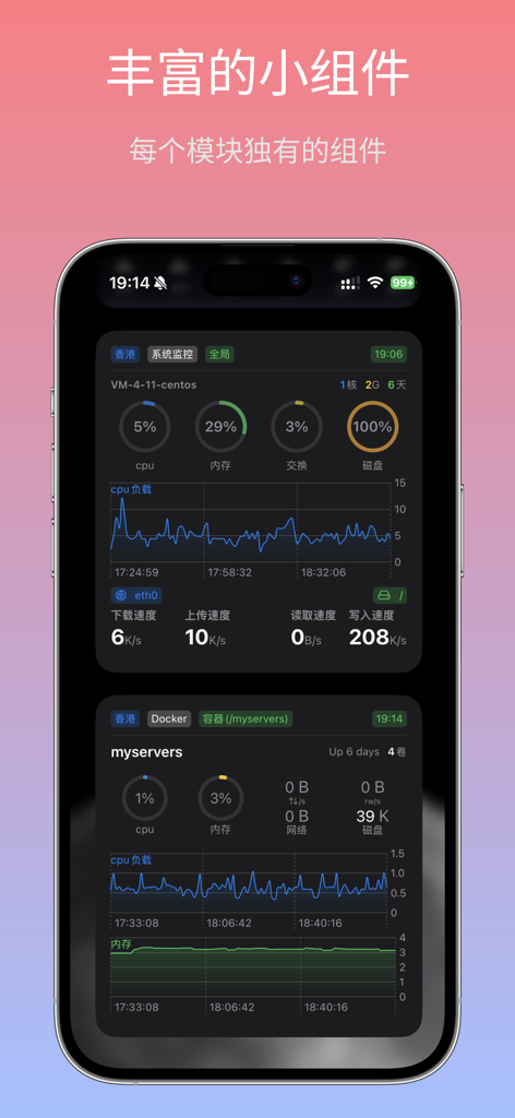 App MyServers che visualizza widget di monitoraggio server e container Docker in tempo reale su un iPhone