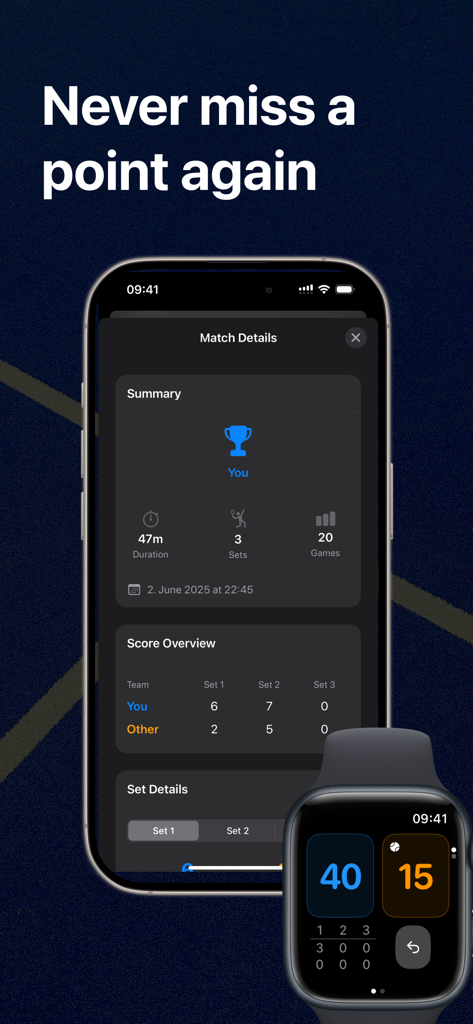Statistiques de match de padel sur iPhone et score en direct sur Apple Watch
