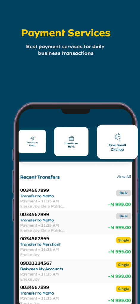 MoMo PSB Business - Aplicación MoMo PSB Business que muestra servicios de pago e historial de transacciones recientes.