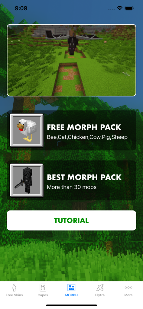 Interface of the Morph Mod app for Minecraft showing free and premium mob transformation packs